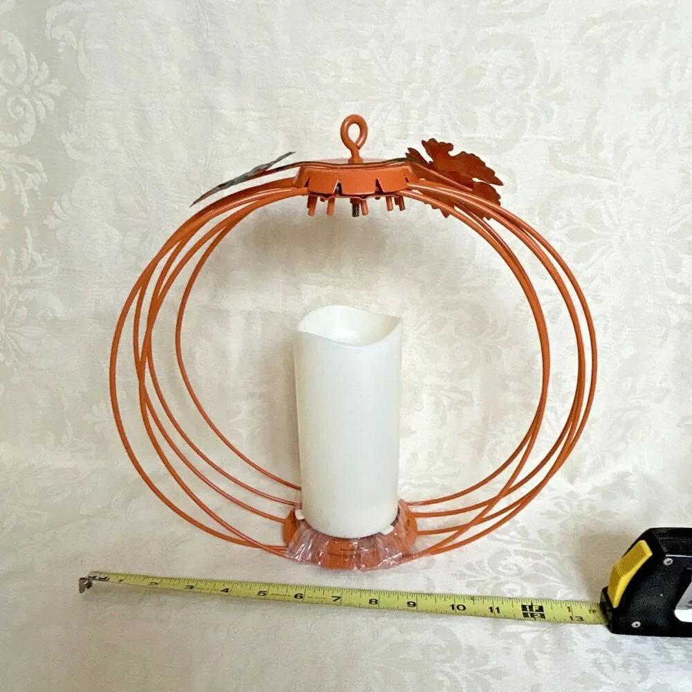 Set of 3 Metal Orange Pumpkin Candle Holders w/ LED Candles, Halloween